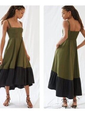 Anthropologie Mare Mare Olive Green Flounced Corset Midi Dress, Black Ruffle Hem